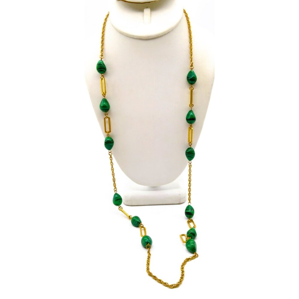 Miriam Haskell Signed Gold Chain Necklace with Malachite Green Glass Nugget